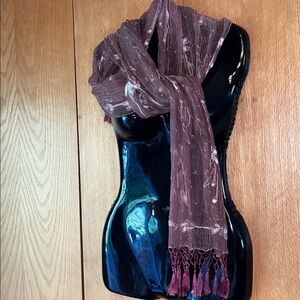 Sheer pink scarf hand made painted flowers beads tassel fringe INDIA in EUC